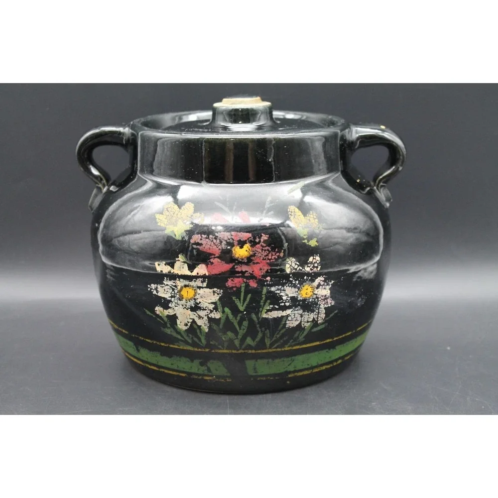 Vintage Large Black Floral Stoneware Bean Pot Lidded Crock 2 Handle 7.5